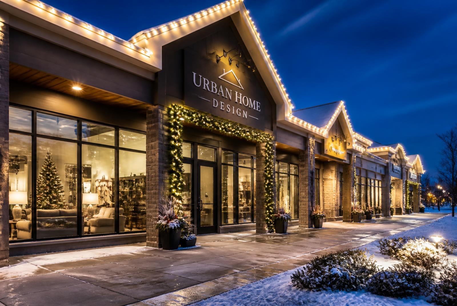 Commercial building decorated with professional Christmas lighting at dusk